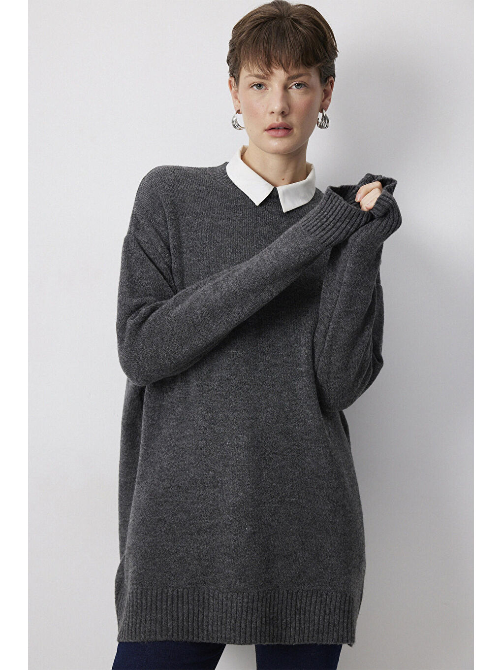 Gri Düz Renk Triko Kazak-1