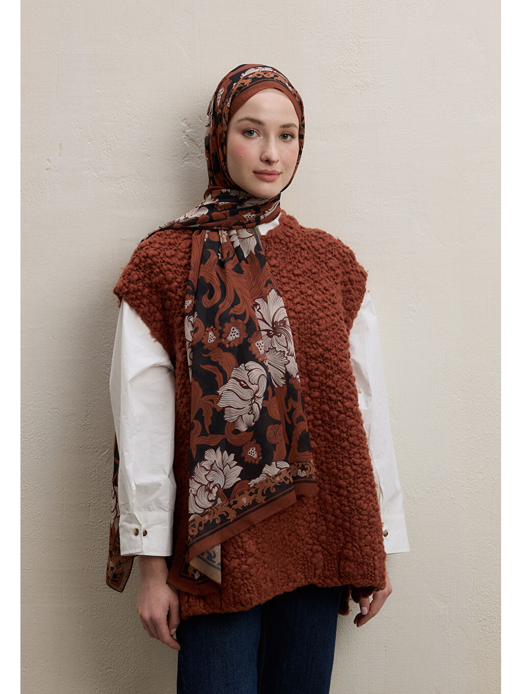 Turuncu Leone Desen İpek Krep Şal Bakır-1