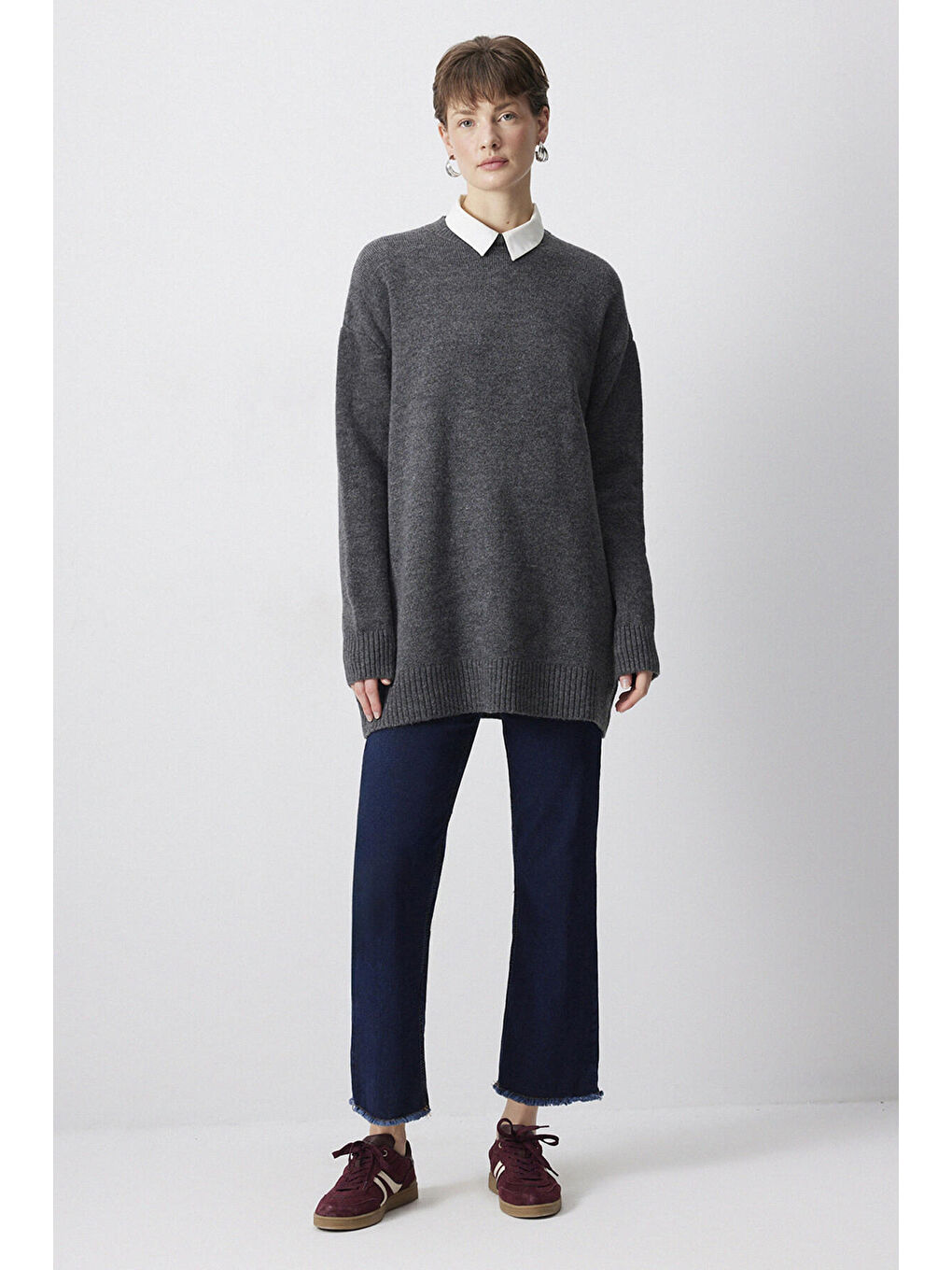 Gri Düz Renk Triko Kazak-2