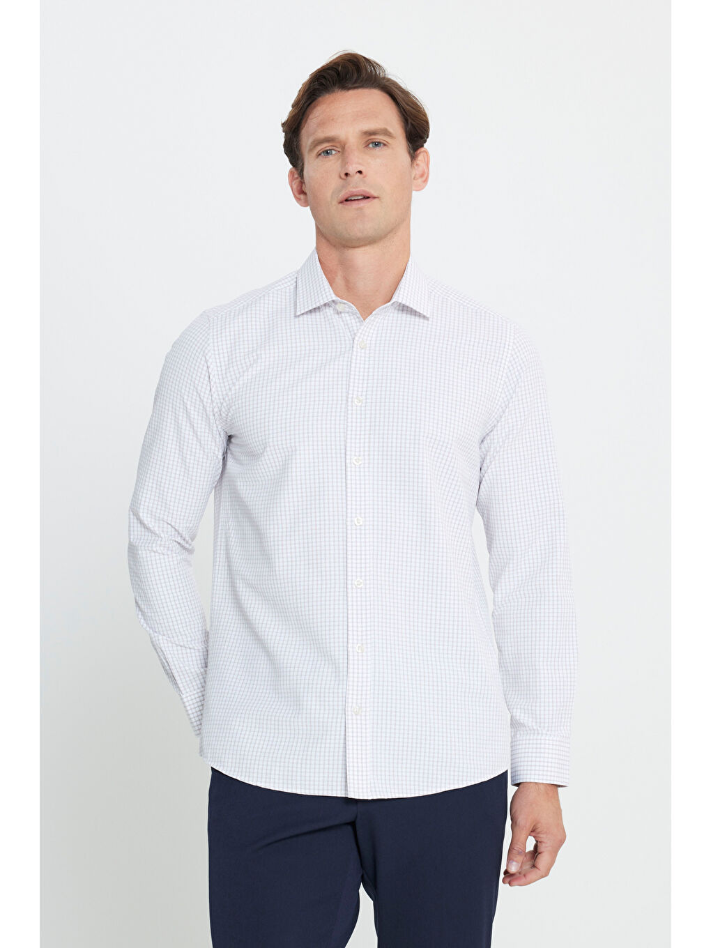 Erkek Beyaz-Bej Pamuklu Oxford Slim Fit Dar Kesim Klasik Yaka Armürlü Gömlek-2