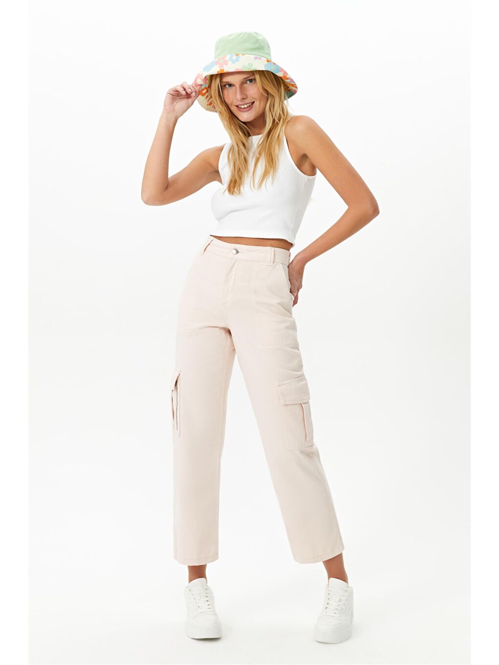 Pembe %100 Pamuk Pudra Yüksek Bel Kargo Cepli Pantolon-1