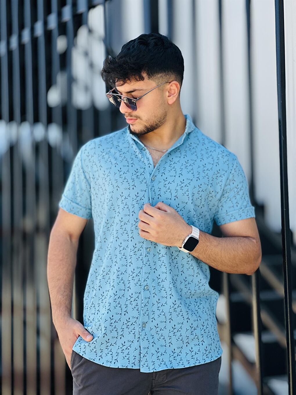 Dal Baskılı Pike Kısa Kollu Gömlek-Mavi-1