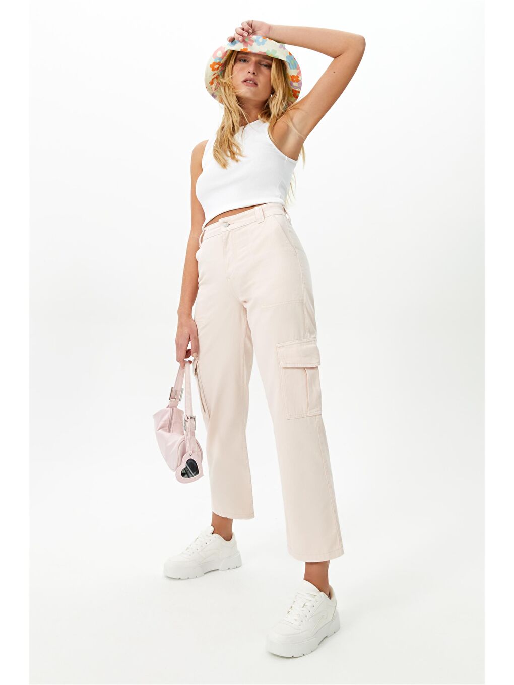 Pembe %100 Pamuk Pudra Yüksek Bel Kargo Cepli Pantolon-2