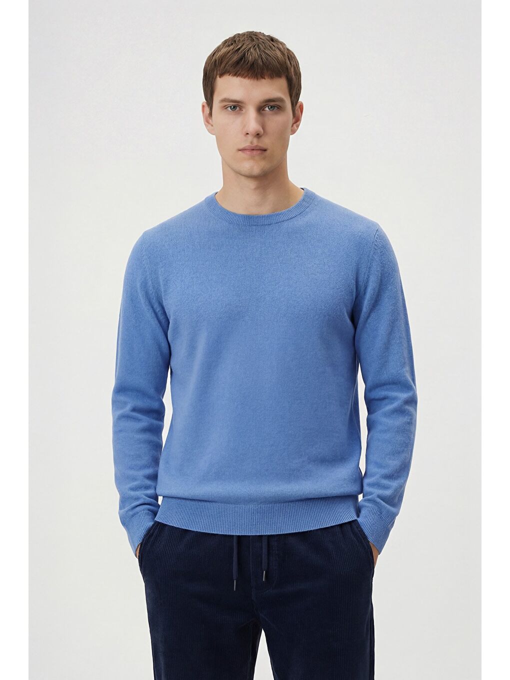 Mavi Standart Fit Yün Karışımlı Bisiklet Yaka Düz Erkek Triko Kazak