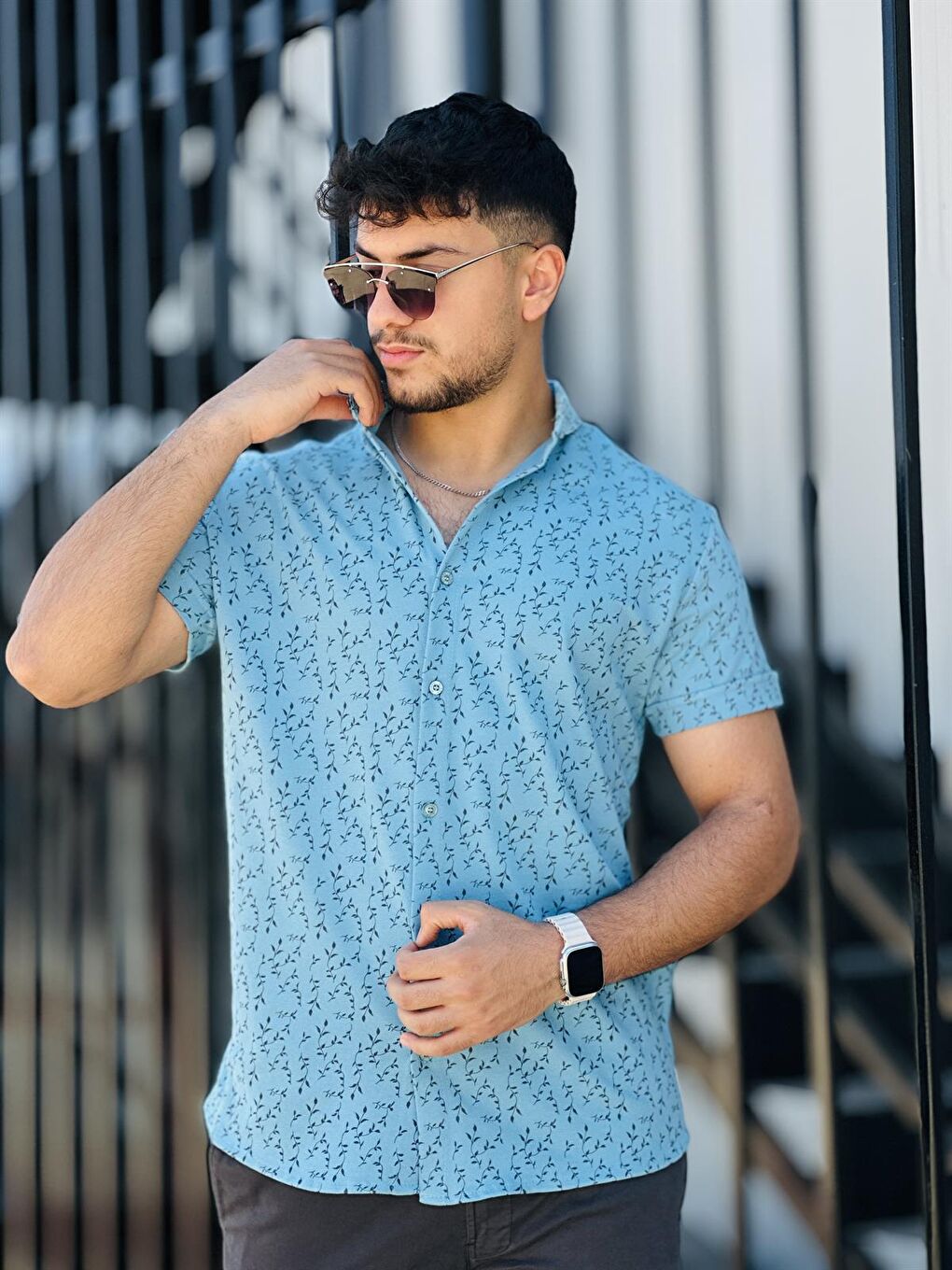 Dal Baskılı Pike Kısa Kollu Gömlek-Mavi-2