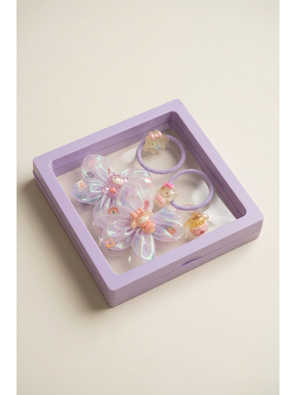 Mor Kız Çocuk 5'Li Hello Kity'li Plastik Kutulu Toka Seti Lila