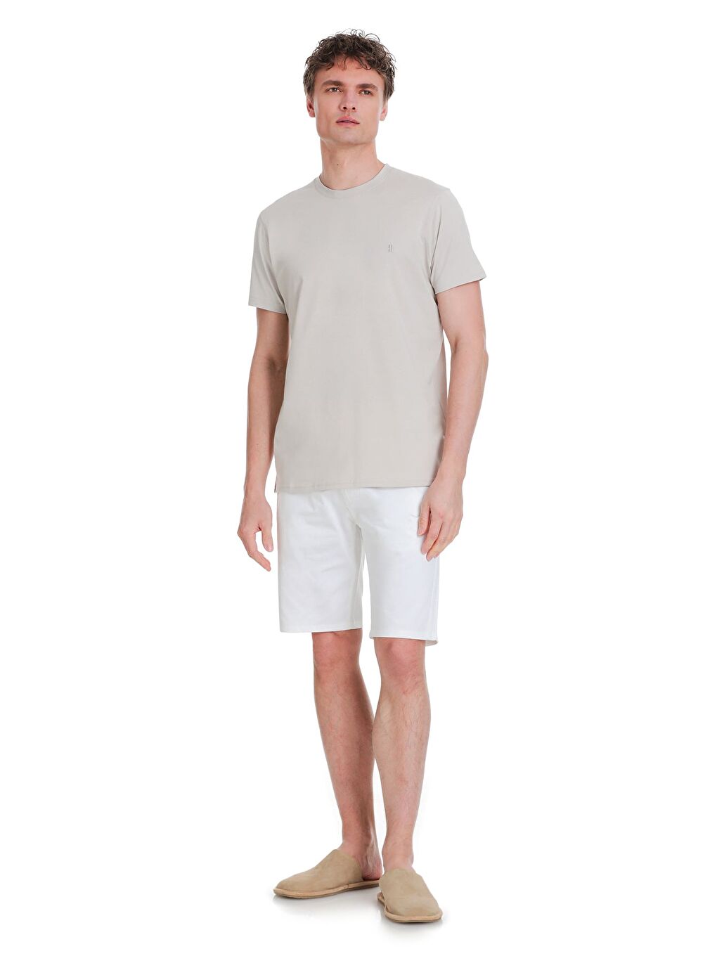 Bej Taş Regular Fit 100% Pamuk Bisiklet Yaka Tişört-1