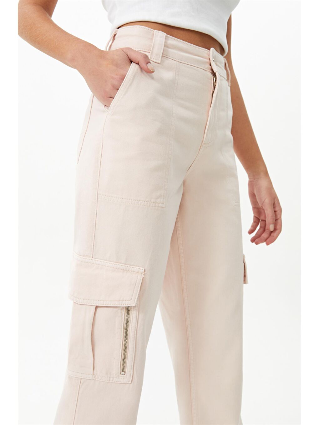 Pembe %100 Pamuk Pudra Yüksek Bel Kargo Cepli Pantolon-3