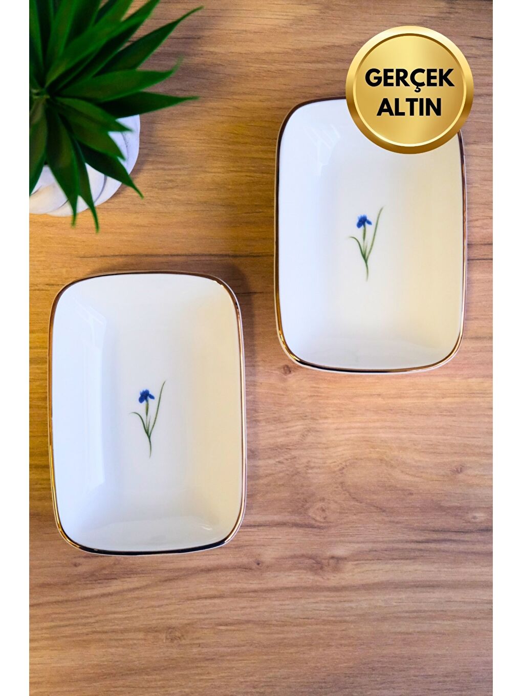 Karışık Porselen Natura İris Altın Yaldızlı Dikdörtgen Kayık Tabak 10x7x2cm 2 li-1