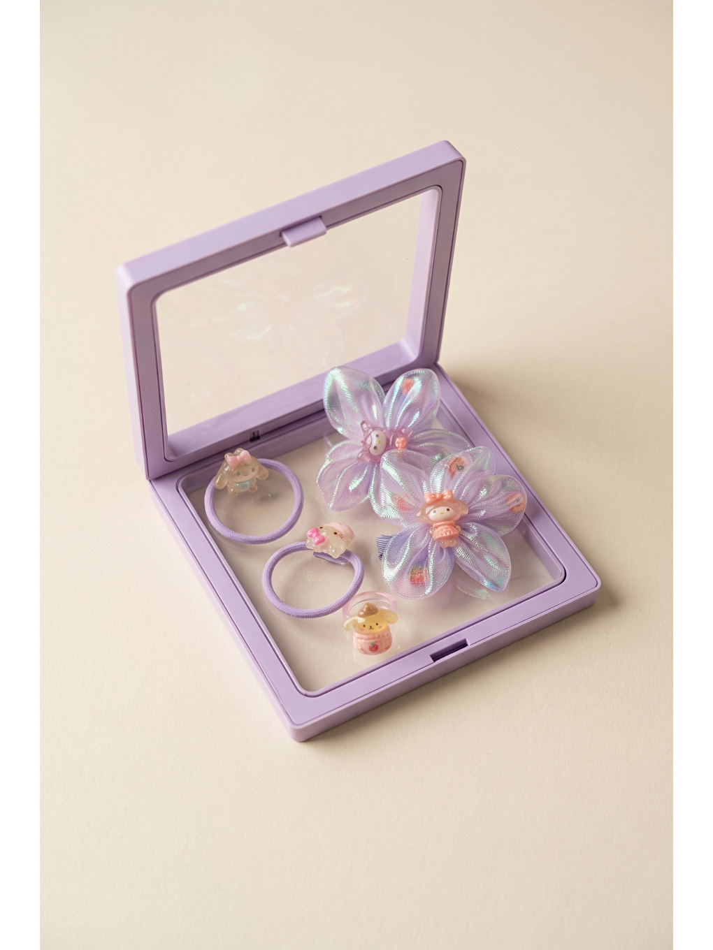 Mor Kız Çocuk 5'Li Hello Kity'li Plastik Kutulu Toka Seti Lila-1