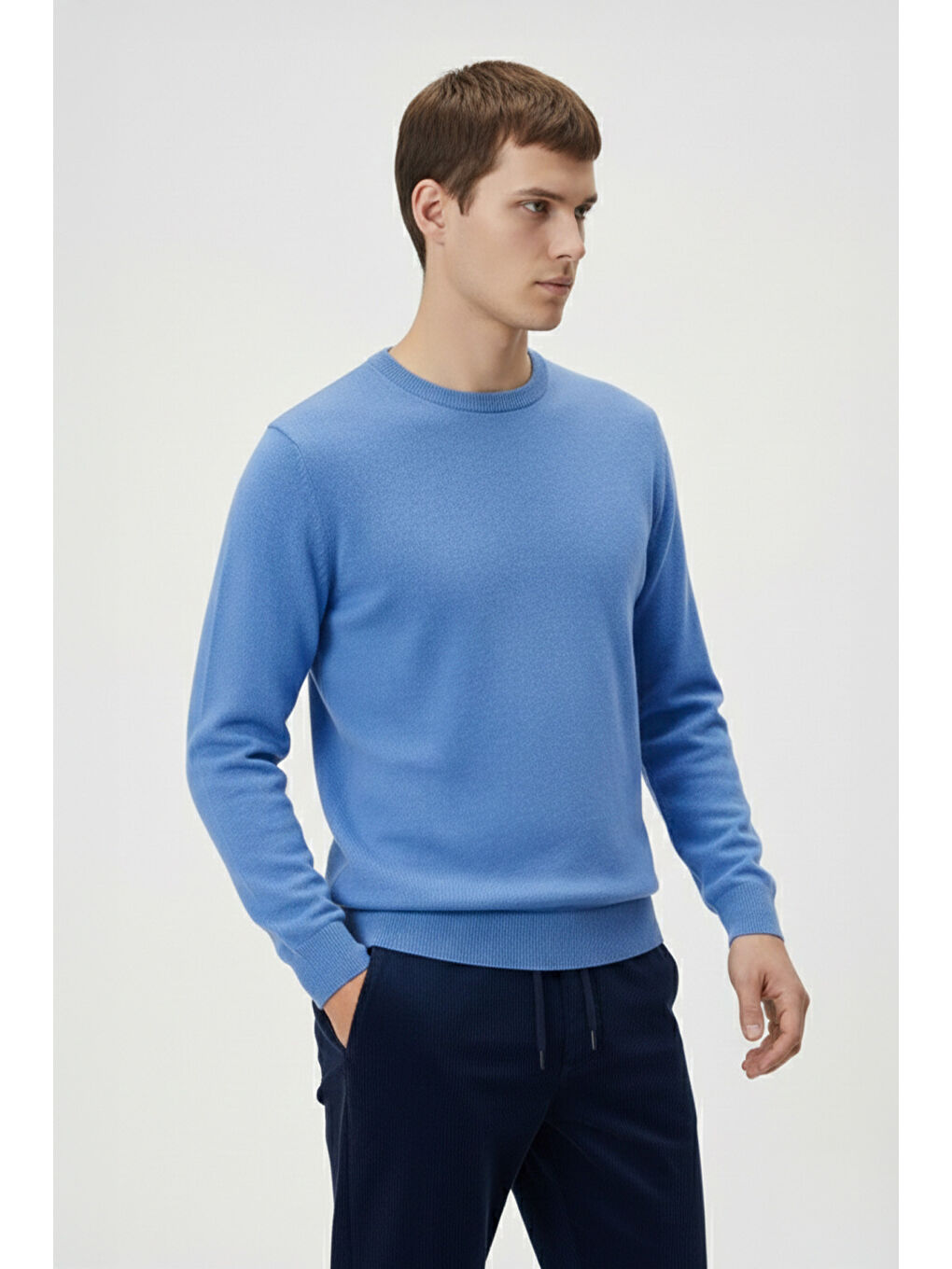Mavi Standart Fit Yün Karışımlı Bisiklet Yaka Düz Erkek Triko Kazak-2