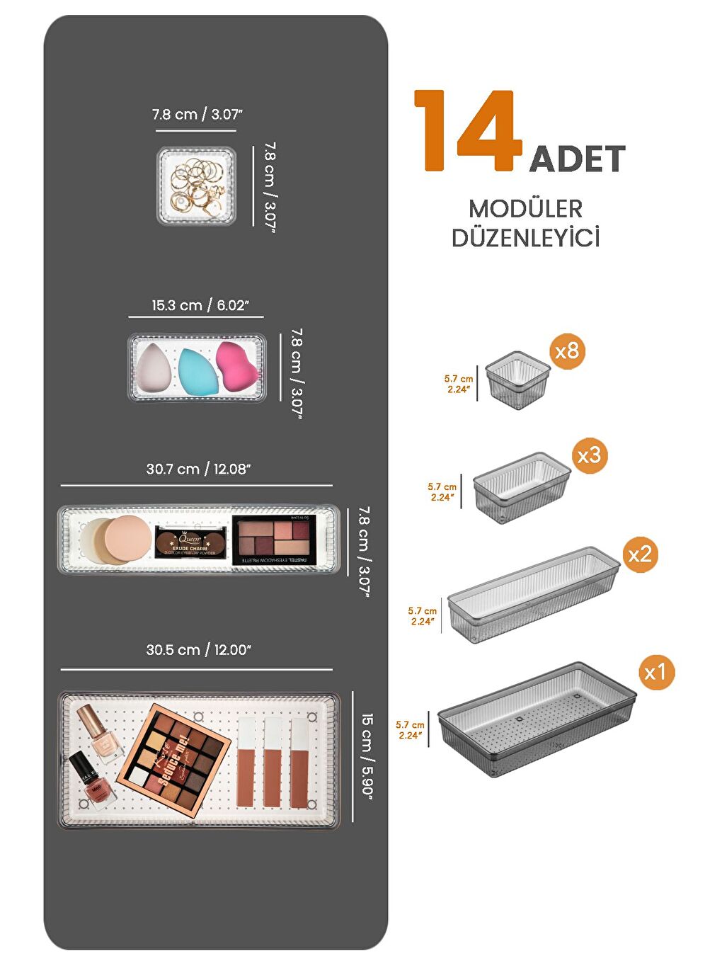 14 Parça Mega Banyo Kozmetik Takı Düzenleyici Makyaj Organizer Modüler Çekmece İçi Düzenleyici-1