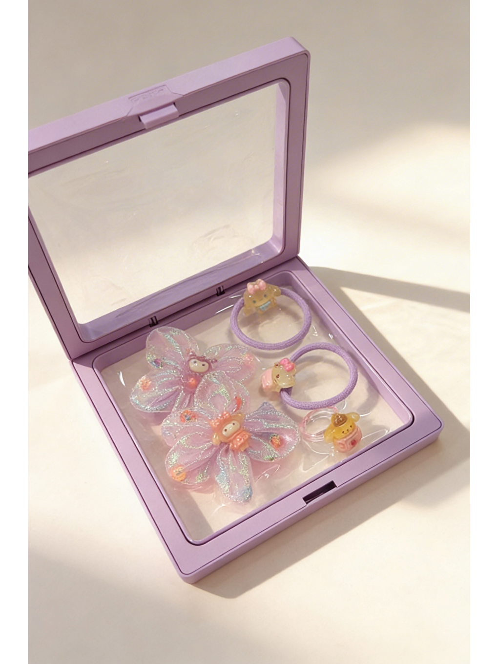 Mor Kız Çocuk 5'Li Hello Kity'li Plastik Kutulu Toka Seti Lila-2