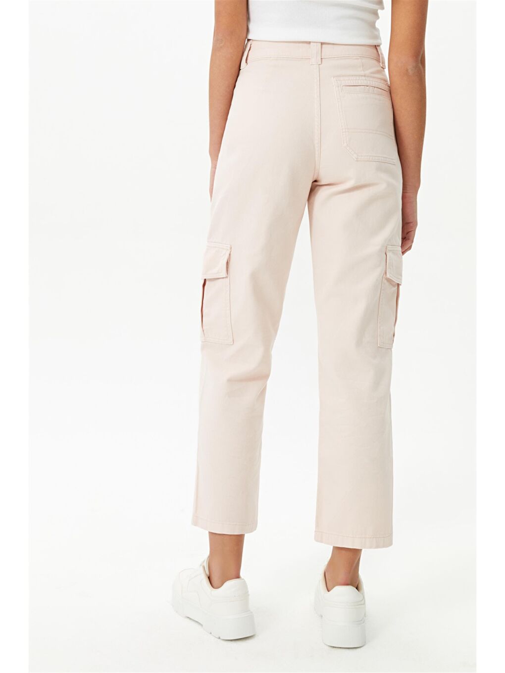 Pembe %100 Pamuk Pudra Yüksek Bel Kargo Cepli Pantolon-4