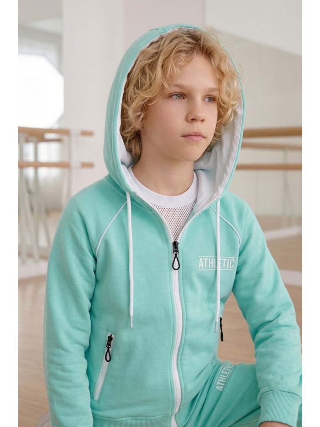 Turkuaz Erkek Çocuk Scuba Atheletic Reglan Kol Kapüşonlu Dalgıç Kumaş Eşofman Takımı Esf7028-2