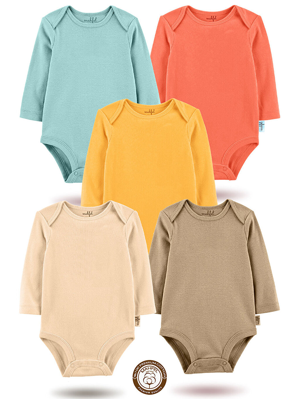 Kahverengi 5'li %100 Pamuklu Uzun Kollu Basic Çıtçıtlı Bebek Body Zıbın RCE