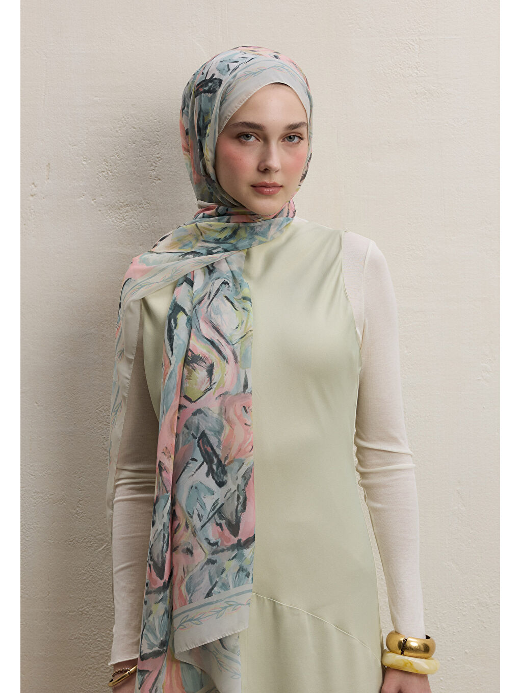 Yeşil Margot Desen İpek Krep Şal Mint-1