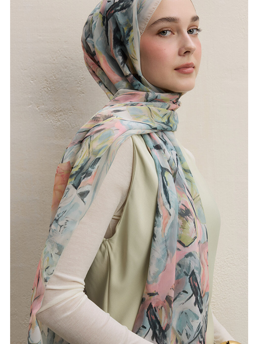 Yeşil Margot Desen İpek Krep Şal Mint-2