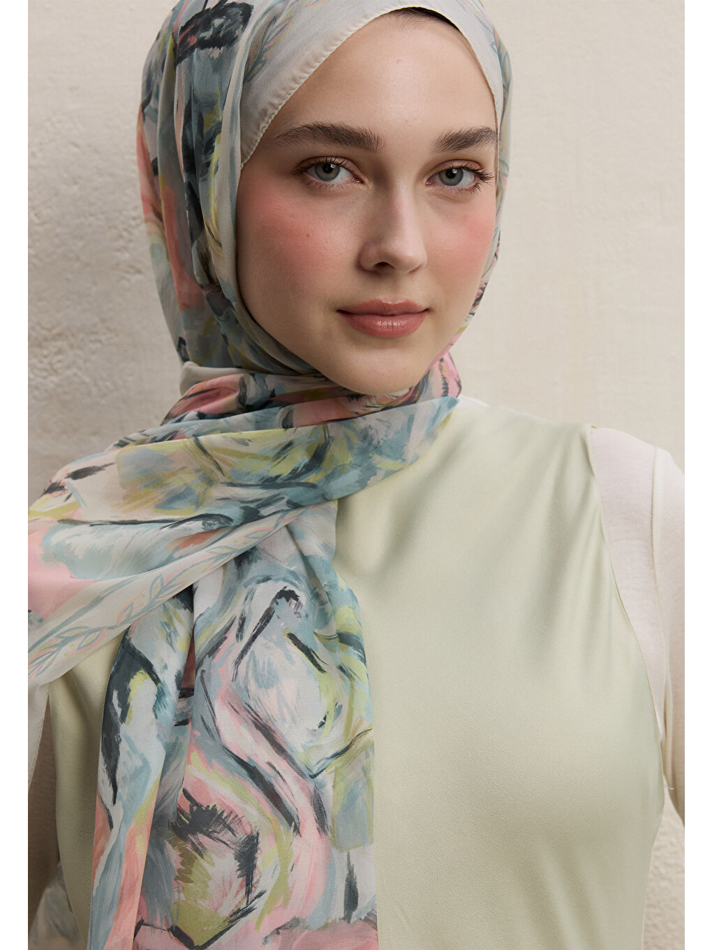 Yeşil Margot Desen İpek Krep Şal Mint-3