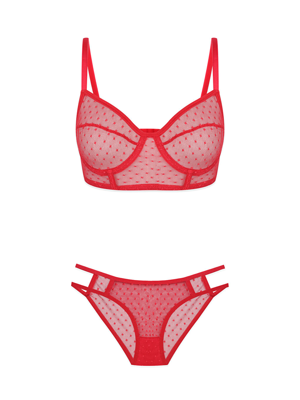 Kadın Kırmızı Puanlı Tül Sütyen Takımı