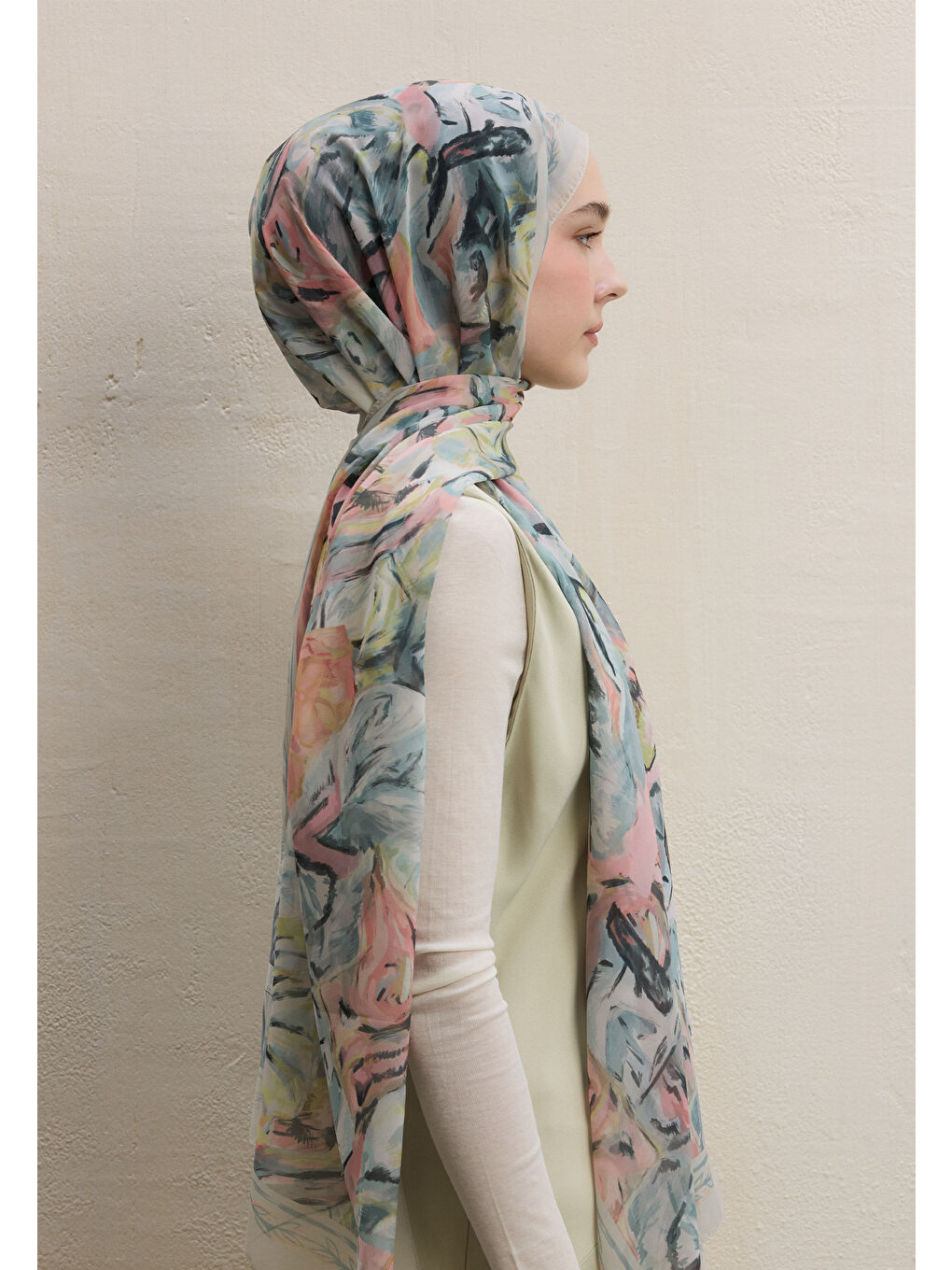 Yeşil Margot Desen İpek Krep Şal Mint-4