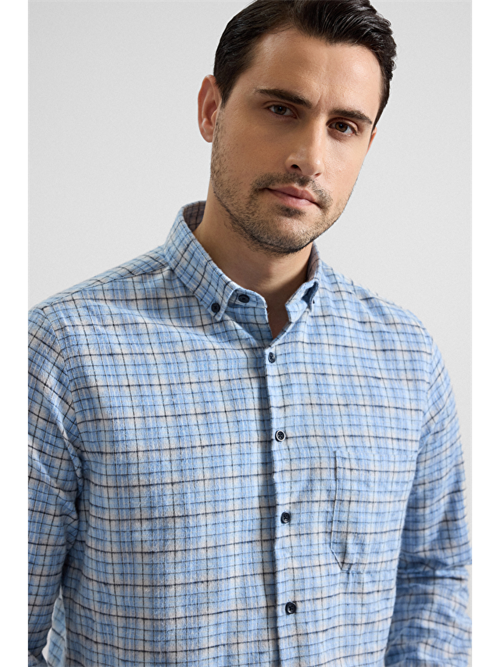 Buz Mavi Regular Düğmeli Yaka Kareli Casual Gömlek-1