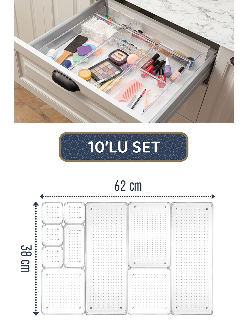 10'lu Modüler Çekmece İçi Düzenleyici Banyo Makyaj Ve Takı Düzenleyici Ofis Masaüstü Organizer