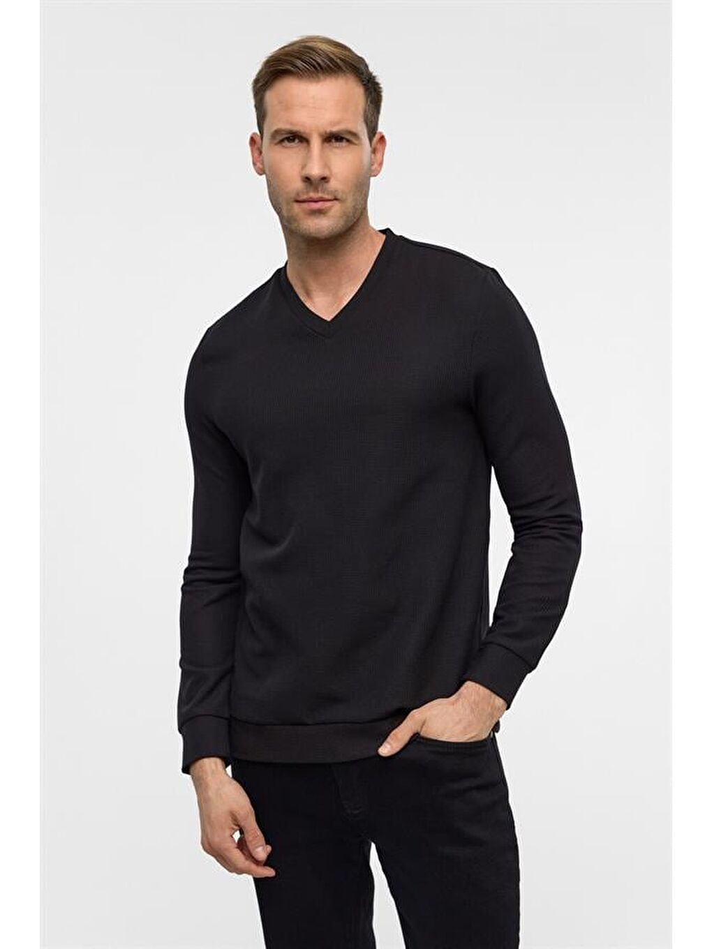 Siyah Regular V Yaka Sweatshirt-1