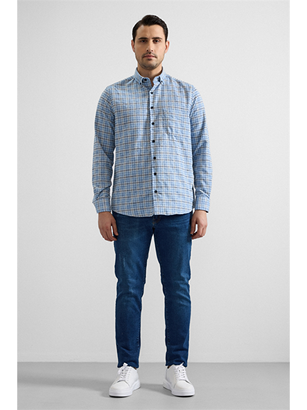 Buz Mavi Regular Düğmeli Yaka Kareli Casual Gömlek-2