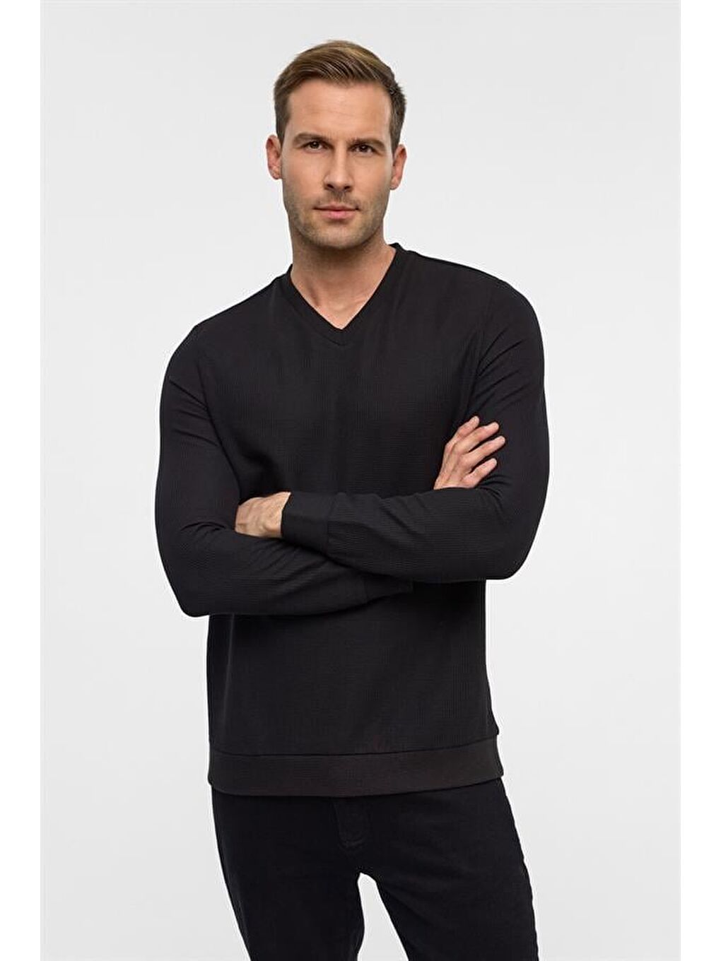 Siyah Regular V Yaka Sweatshirt-2