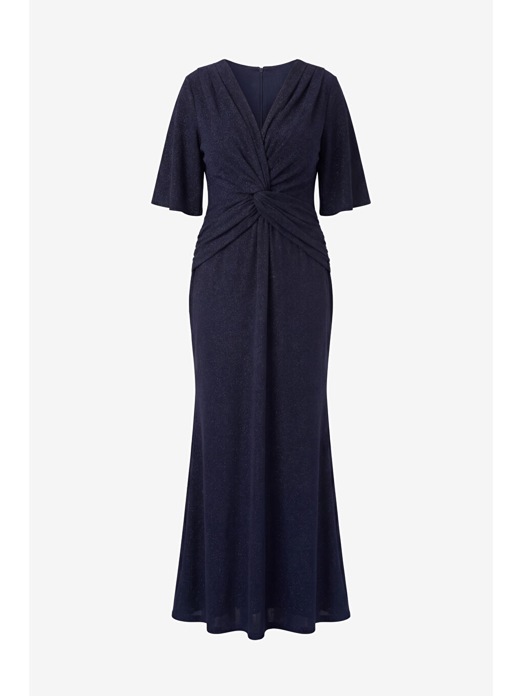 Kadın Lacivert V Yaka Kısa Kol Büyük Beden Uzun Abiye Elbise-6