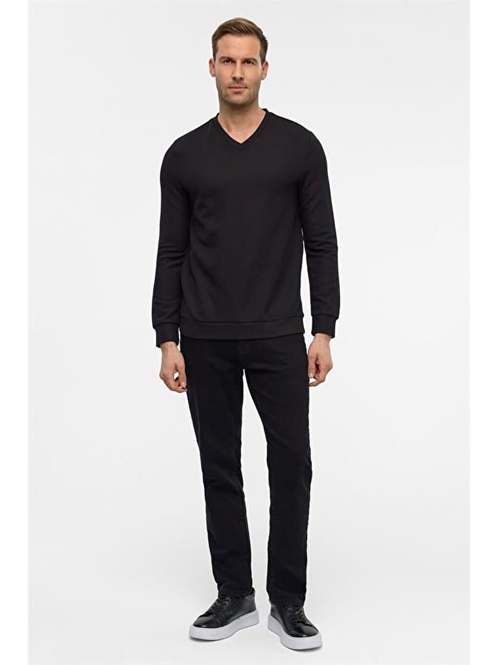 Siyah Regular V Yaka Sweatshirt-4