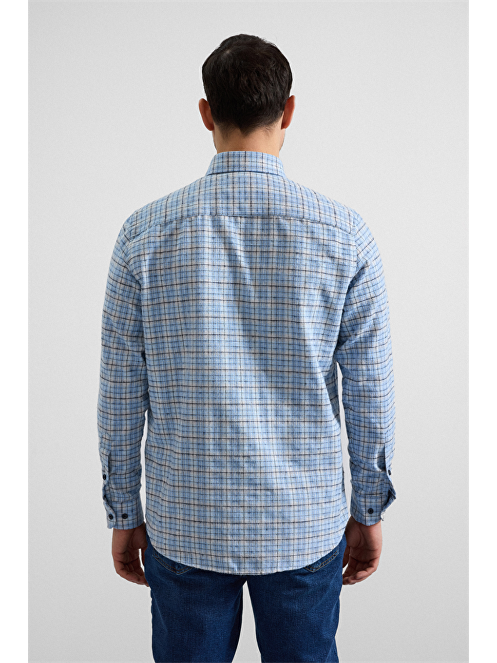 Buz Mavi Regular Düğmeli Yaka Kareli Casual Gömlek-3
