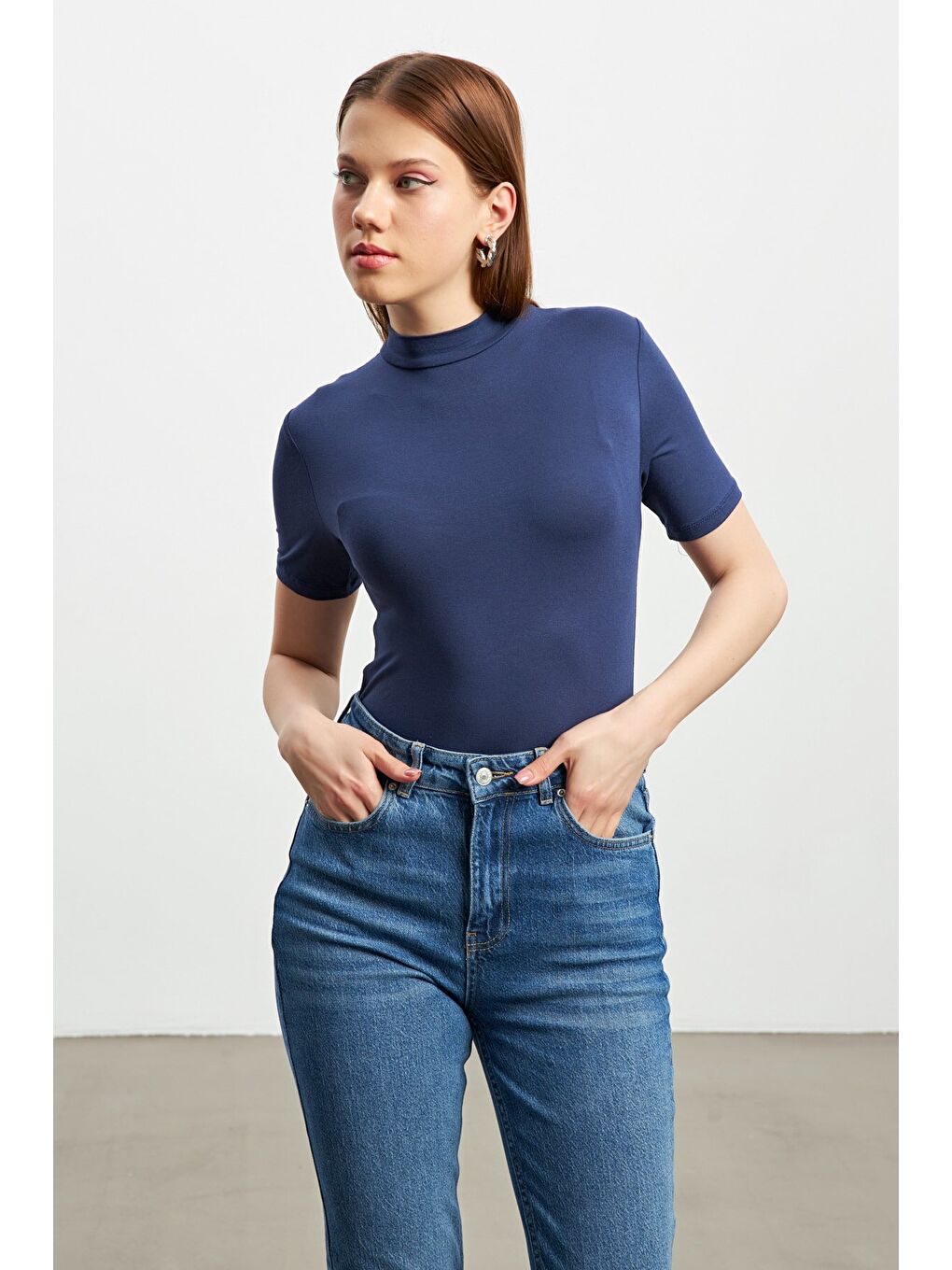 Kadın Lacivert Kısa Kol Bluz-1