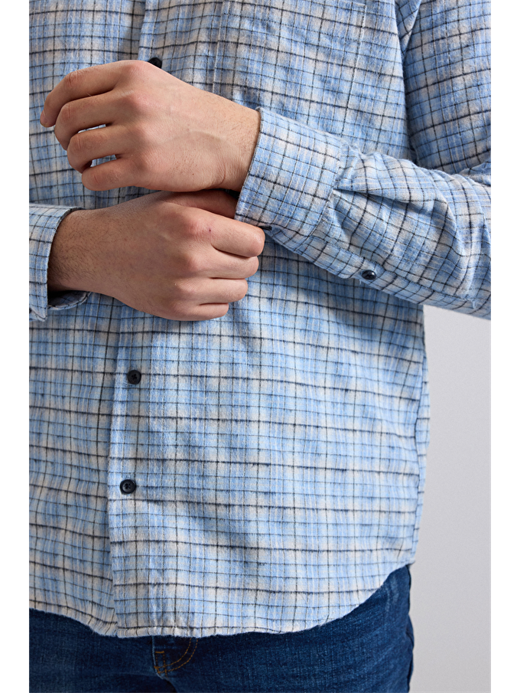 Buz Mavi Regular Düğmeli Yaka Kareli Casual Gömlek-4