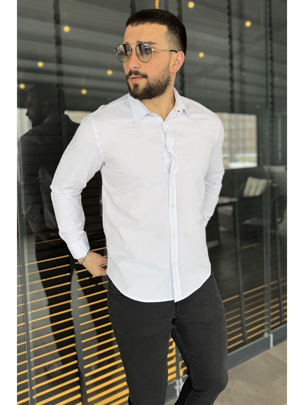 Beyaz Erkek Ön Çıtçıtlı Uzun Kol Gömlek