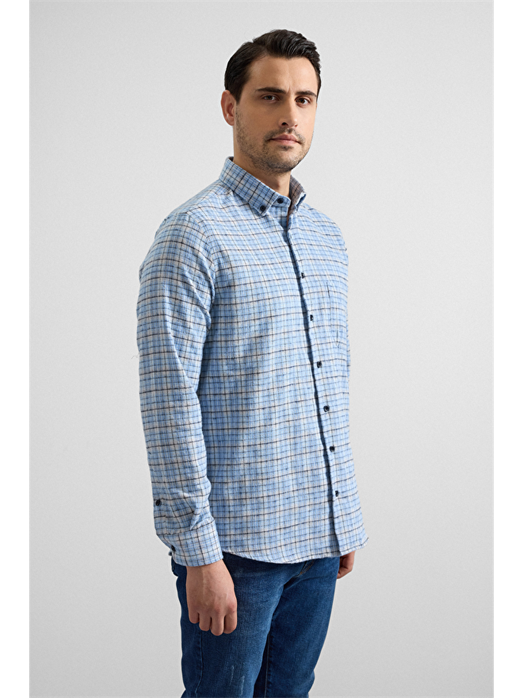 Buz Mavi Regular Düğmeli Yaka Kareli Casual Gömlek-5