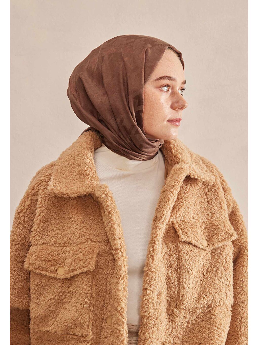 Kahverengi Kazayağı Jakarlı Şal Kakao-2