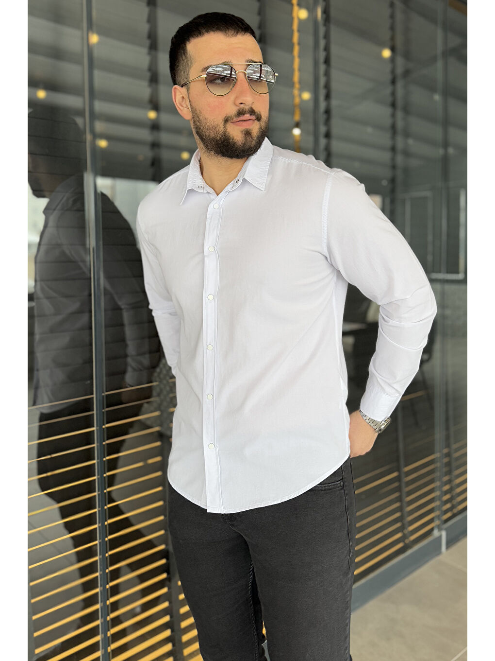 Beyaz Erkek Ön Çıtçıtlı Uzun Kol Gömlek-2