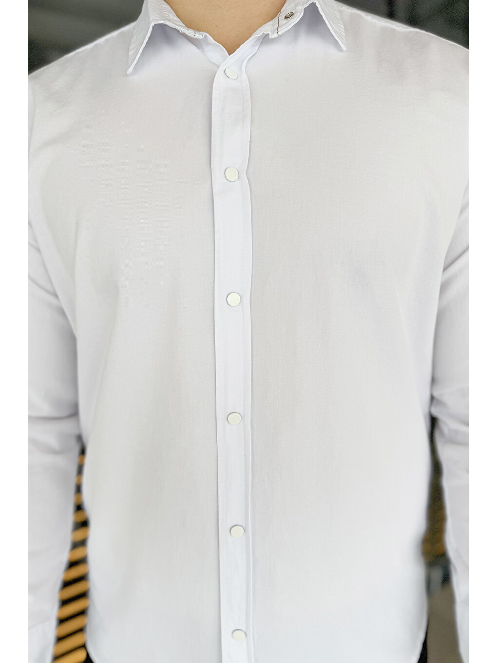 Beyaz Erkek Ön Çıtçıtlı Uzun Kol Gömlek-3