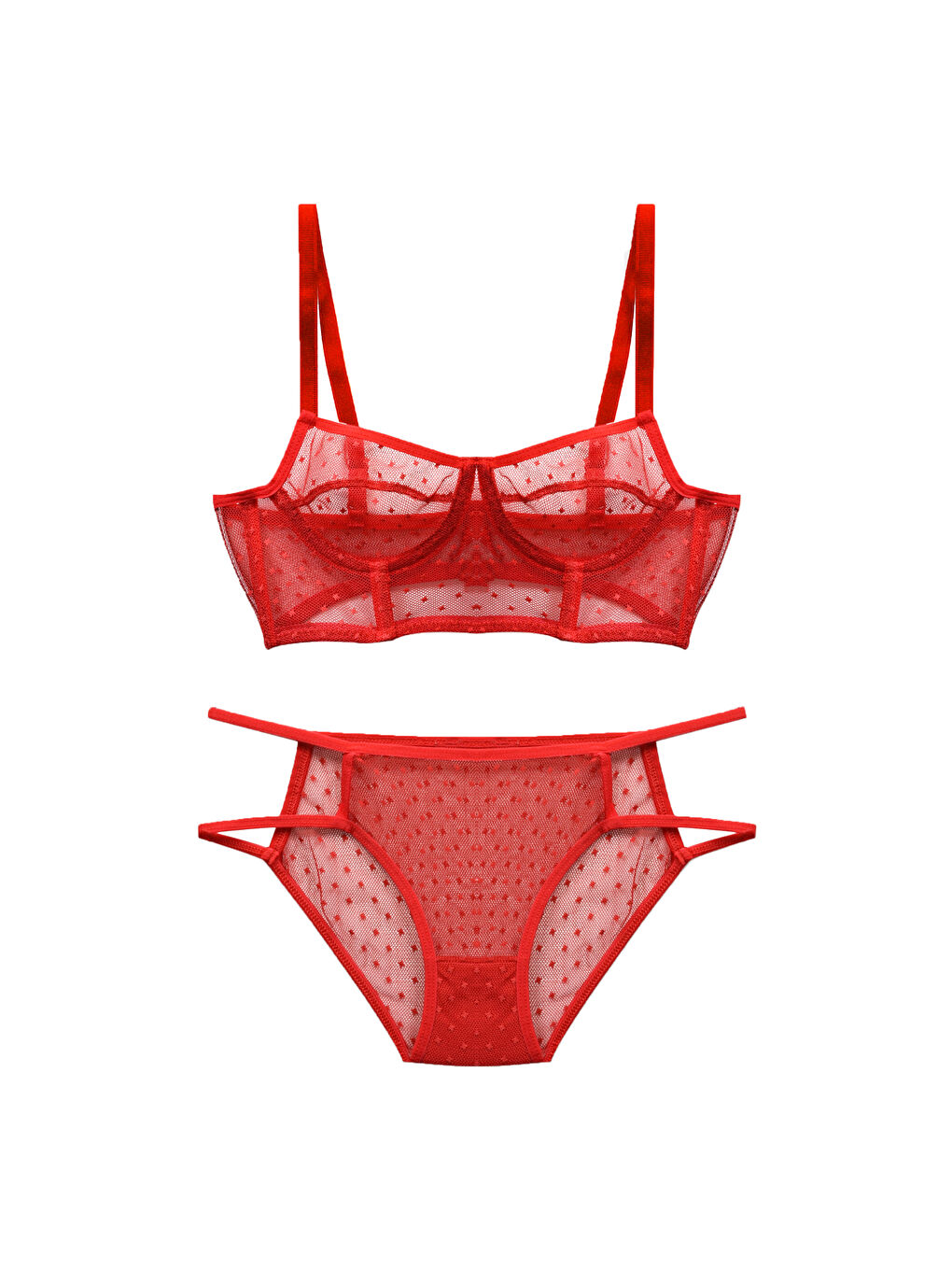 Kadın Kırmızı Puanlı Tül Sütyen Takımı-2