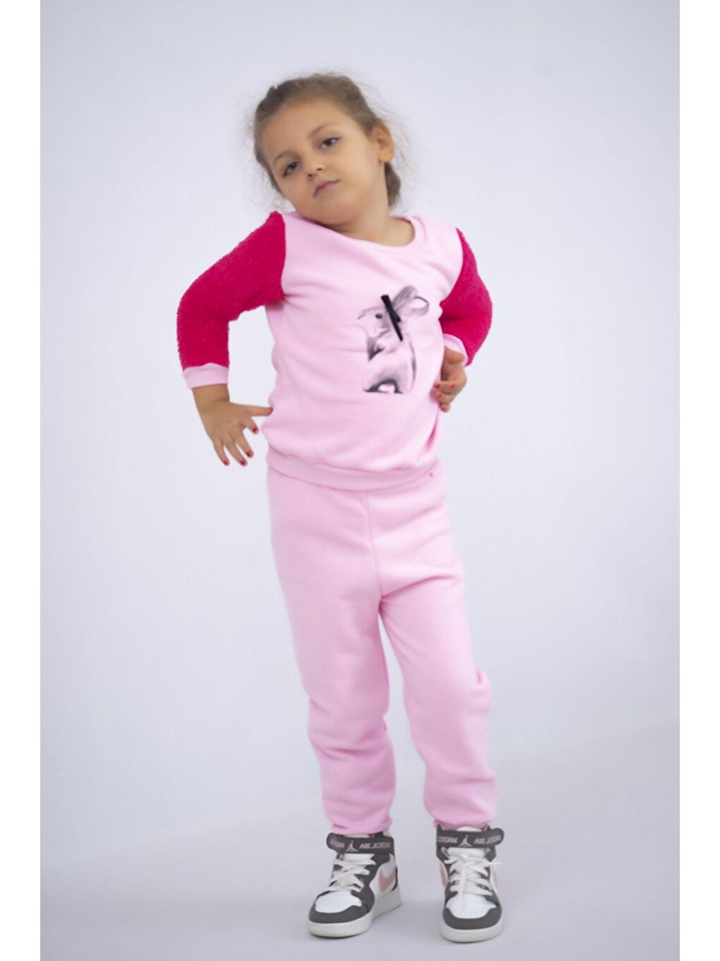 Pembe Kız Çocuk Baskılı 3 İplik Şardonlu Kalın Kumaş Basic Eşofman Takımı-1