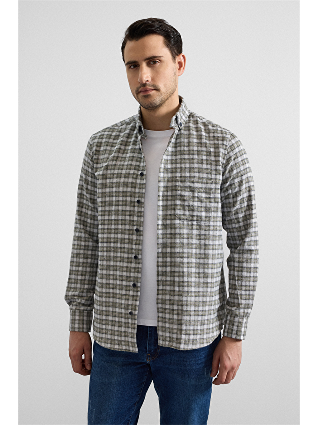 Haki Regular Düğmeli Yaka Kareli Casual Gömlek