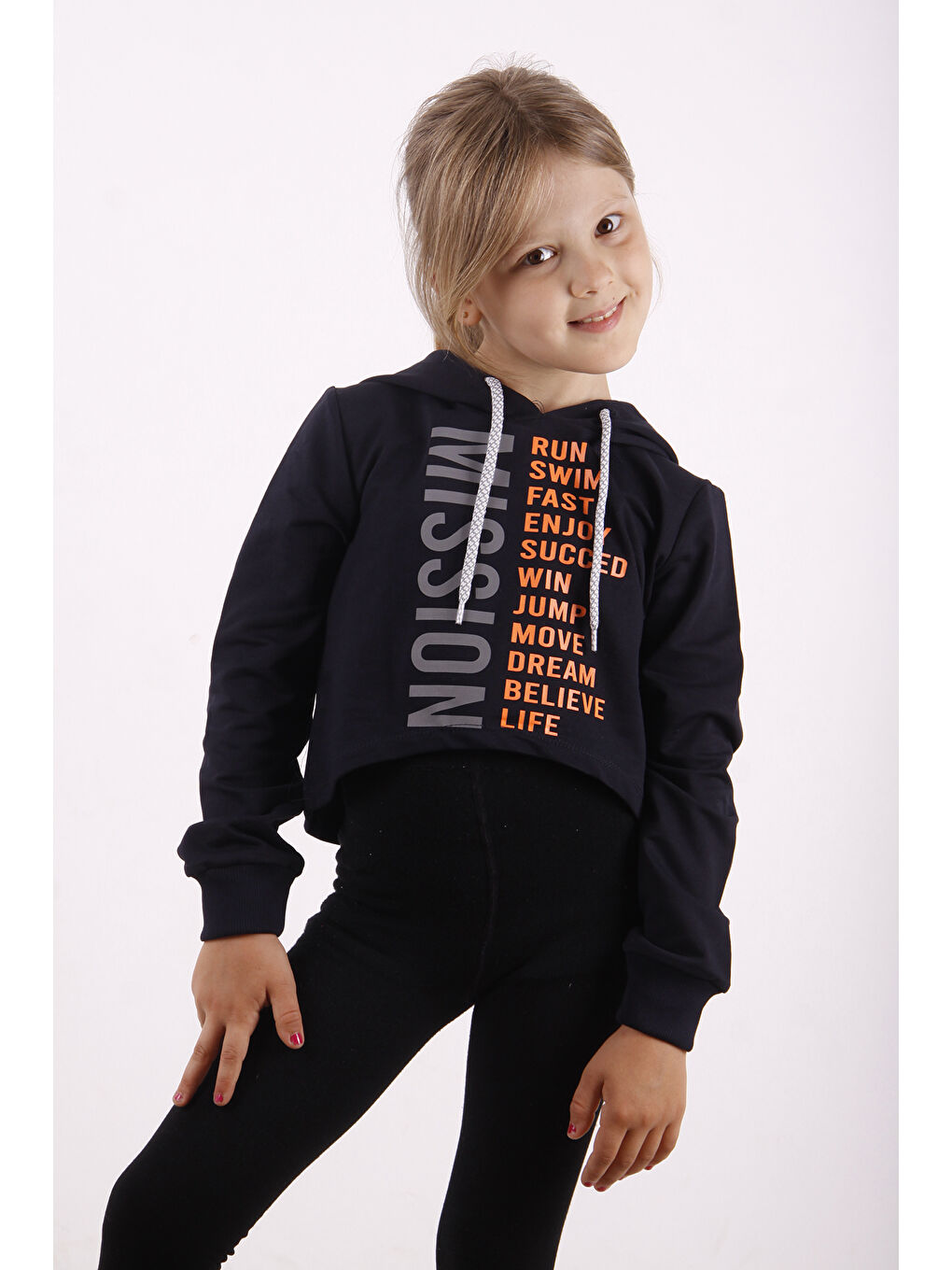 Lacivert Kız Çocuk Yazı Baskılı Sweatshirt