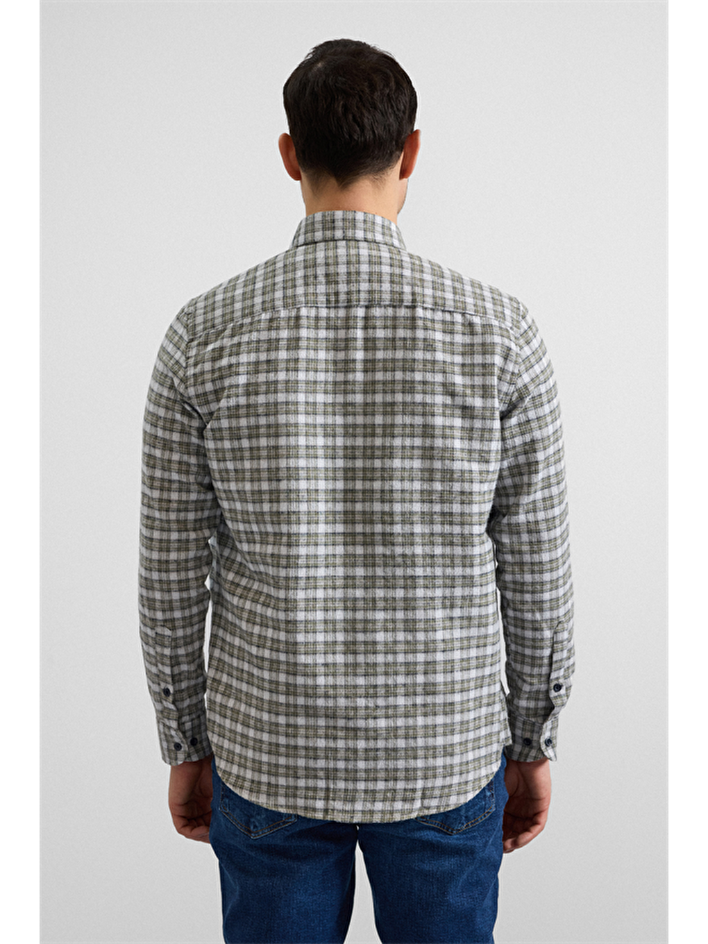 Haki Regular Düğmeli Yaka Kareli Casual Gömlek-2