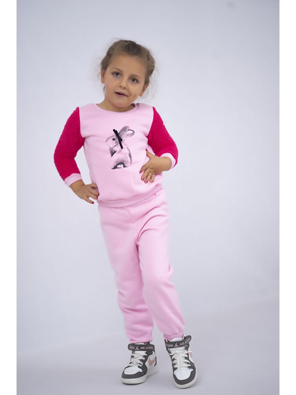 Pembe Kız Çocuk Baskılı 3 İplik Şardonlu Kalın Kumaş Basic Eşofman Takımı-2
