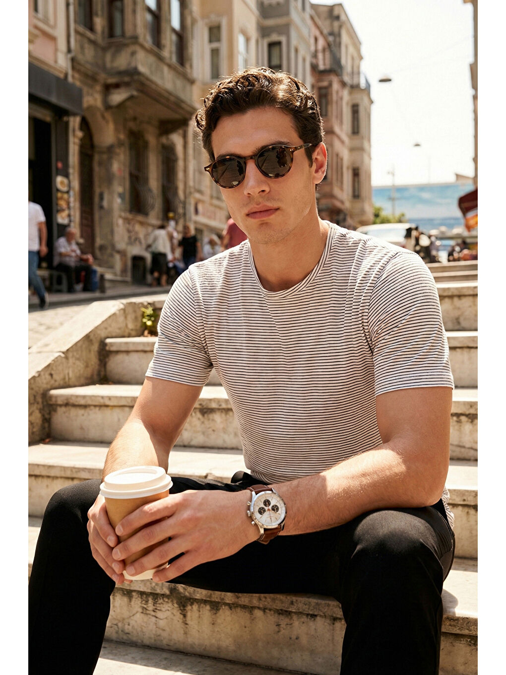 Beyaz Pamuklu Regular Fit Çizgili Bisiklet Yaka T Shirt 5904030-1