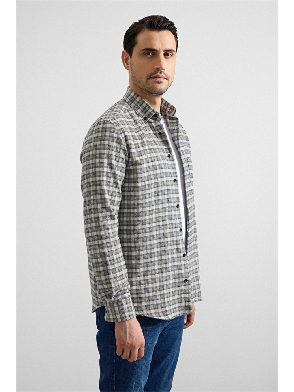 Haki Regular Düğmeli Yaka Kareli Casual Gömlek-3