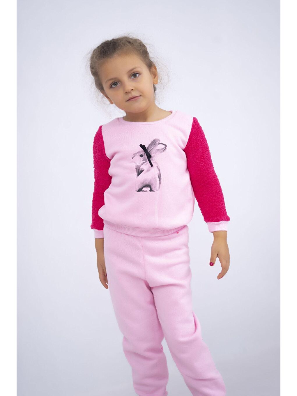 Pembe Kız Çocuk Baskılı 3 İplik Şardonlu Kalın Kumaş Basic Eşofman Takımı-3