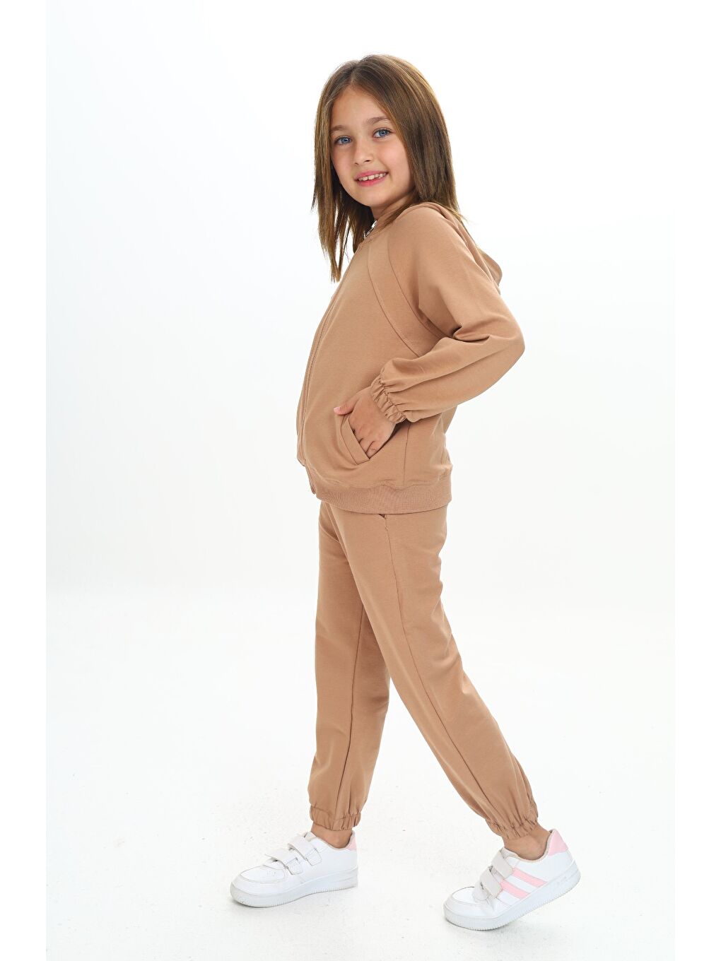 Kahverengi Kız Çocuk Kapüşonlu Eşofman Takım-1